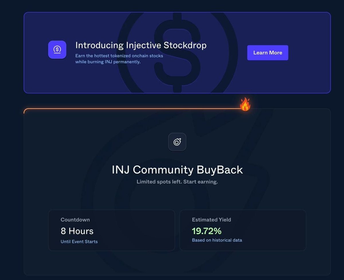 JamieOnchainX's tweet photo. A buyback isn’t the same thing as a burn  and that distinction matters.
Injective’s new Community BuyBack gives users a way to participate in INJ buybacks, while the broader system tracks $INJ buybacks and burns.

There’s also a second piece that caught my attention: Injective Stockdrop.

It brings tokenized stocks into the same ecosystem, with rewards tied to permanently burning INJ.

So there are two interesting things happening here:

Buyback → $INJ is purchased
Burn → INJ is permanently removed from circulation

The important part is watching how these mechanisms interact with Injective’s broader token economy over time.

Not just hype.
Token economics worth paying attention to.
@injective