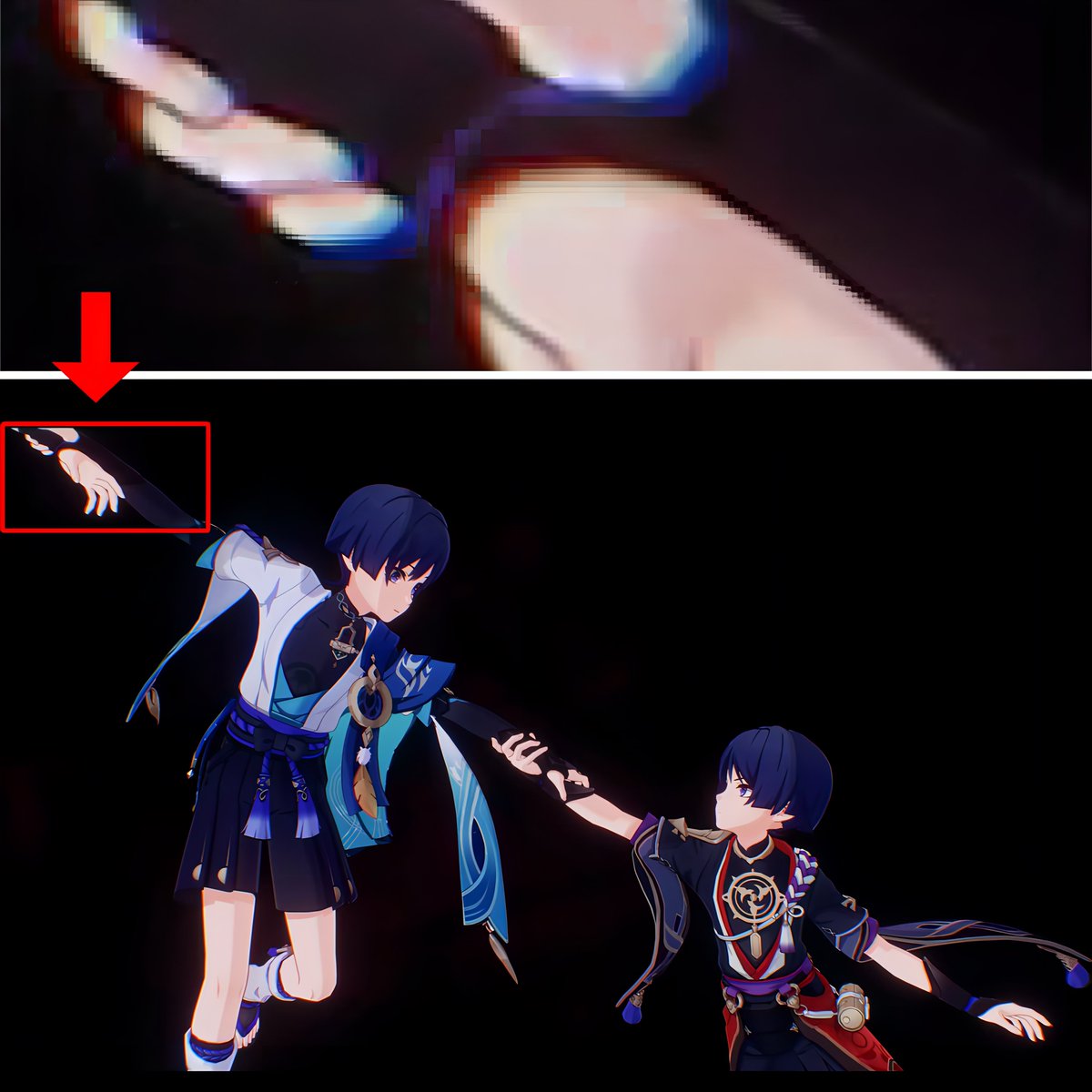 oxx_13_'s tweet photo. 放浪者が掴んでる上の手、よく見ると紫の線入ってるから散兵で確定なんだよね
散↔放↔散になってるのは何故？？ https://t.co/9baNJAzbNs