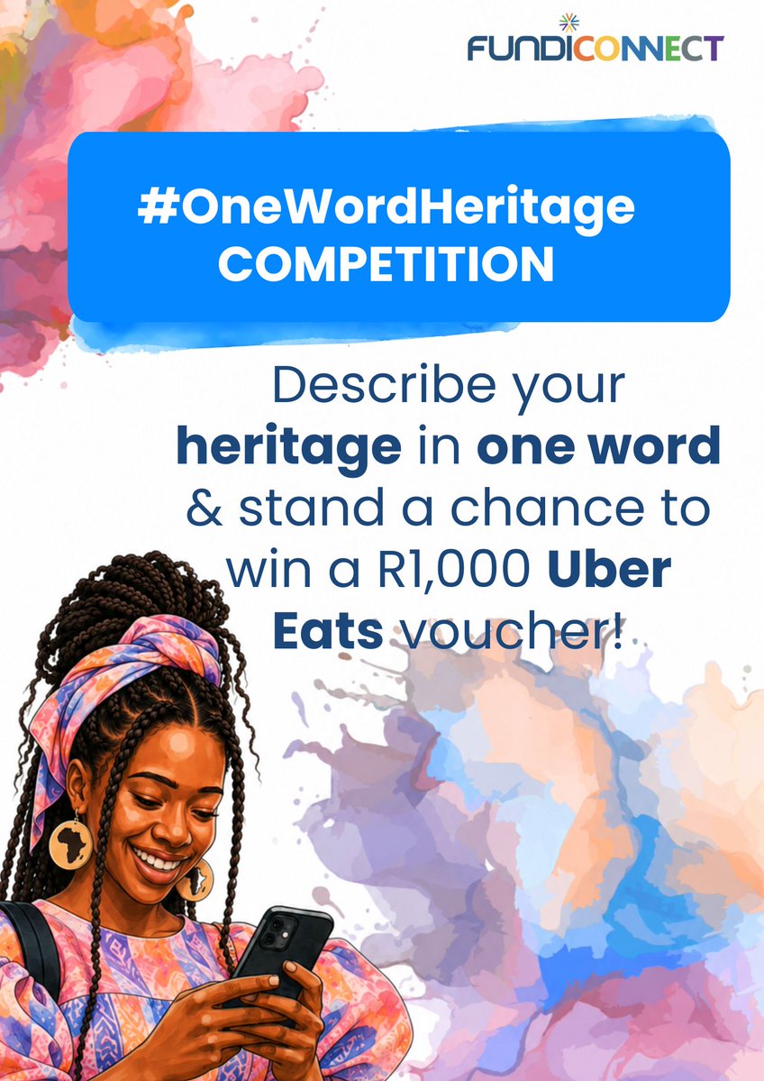 fundi_connect's tweet photo. 11 languages 🇿🇦 60 million stories. One word won't cut it... but let's try anyway😏

If you had to sum up your heritage in ONE word, what's it gonna be?

Uphuthu?  Ubuntu? Isidwaba? Imbila? Ilobolo?

Let us know in the comments using #OneWordHeritage & stand a chance to WIN a R1000 Uber Eats voucher TODAY! 

Competition closes at 18:00

Ts&Cs 👉https://t.co/GvcXx2cxV7

#FundiConnect #HeritageMonth