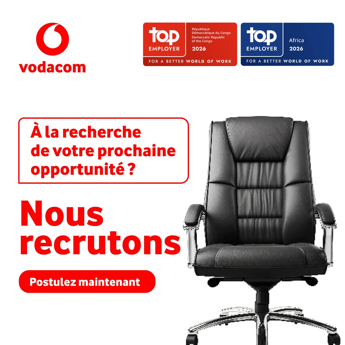 Vodacomcongo's tweet photo. Nous recrutons 📢

C'est l'occasion de rejoindre Vodacom Congo, meilleur employeur de ces 10 dernières années.

Comment postuler :

Veuillez cliquer sur le lien correspondant au poste qui vous intéresse.

🔍 Postes ouverts :
1. Senior Specialist Product Development
https://t.co/pCeW7WP7kw

2. Senior Manager Device & Terminals
https://t.co/zKrZh6P5AR

3. Specialist Configuration PS Core
https://t.co/bNCJglTsFU

Date de clôture : 25 septembre 2026

Ce que nous offrons 💼 :
* Un environnement de travail dynamique;
* ⁠Des opportunités de développement professionnel;
* ⁠Une culture d'entreprise axée sur la collaboration et l'innovation;
* ⁠Des projets passionnants et variés.