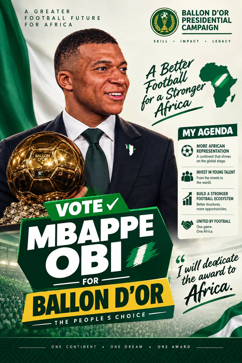 Victorytuebs's tweet photo. A new era. A new voice. A new champion. 🇳🇬🏆
Mbappe Obi for Ballon d’Or  representing excellence, inspiring the next generation, and carrying Africa’s dream to the world.
“I will dedicate the award to Africa.” 🌍
One Dream. One Africa. One Award. https://t.co/RzeHDTOQi9