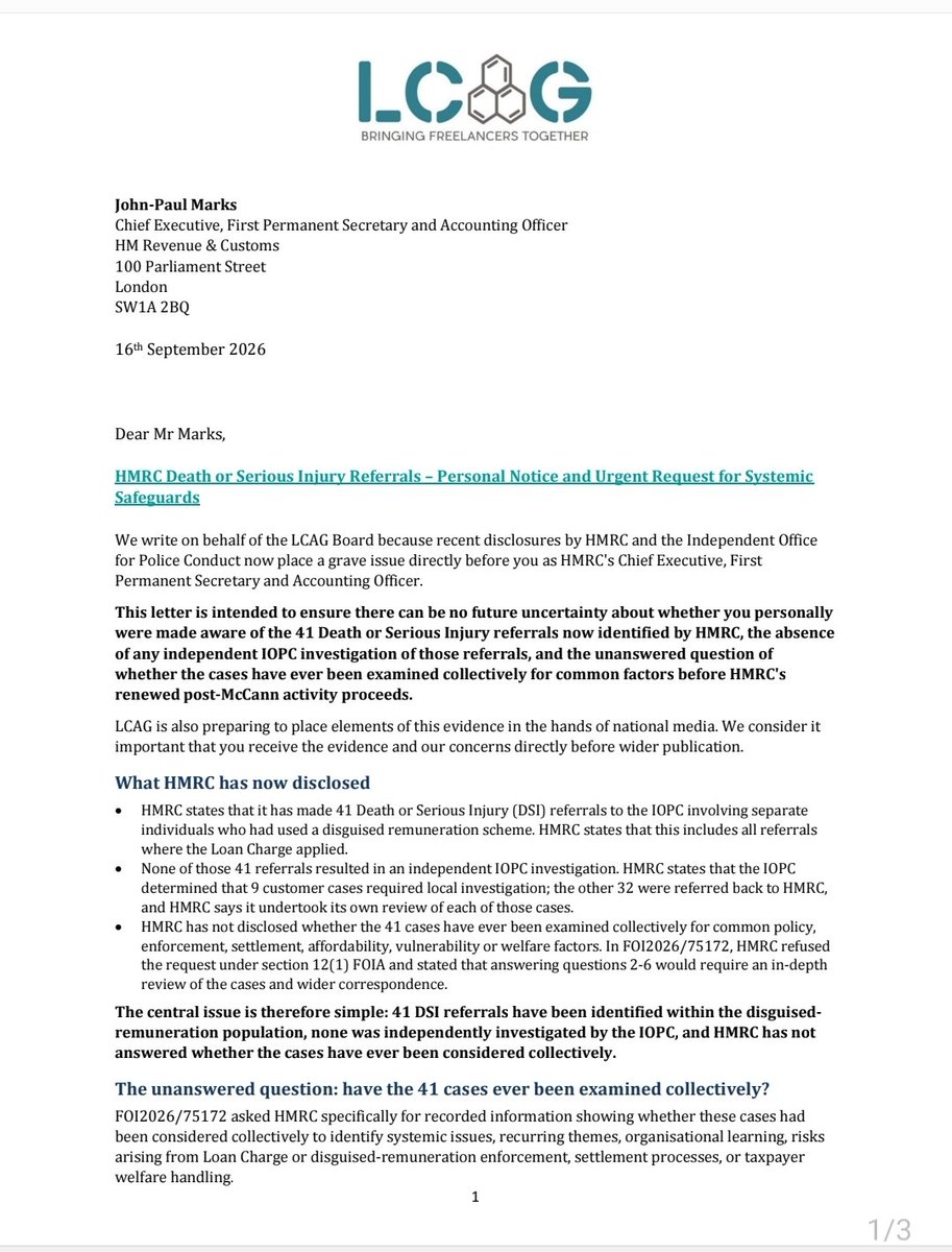 LCAG_2019's tweet photo. In letter to HMRC Chief Executive John-Paul Marks LCAG formally brings recently revealed 41 DSI (death, serious injury) referrals to IOPC
 his personal attention.

Have these been collectively investigated for common factors as HMRC renews action re #LoanChargeScandal? https://t.co/T6uhqKKRP4