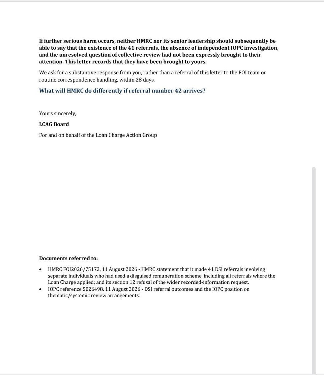 LCAG_2019's tweet photo. In letter to HMRC Chief Executive John-Paul Marks LCAG formally brings recently revealed 41 DSI (death, serious injury) referrals to IOPC
 his personal attention.

Have these been collectively investigated for common factors as HMRC renews action re #LoanChargeScandal? https://t.co/T6uhqKKRP4