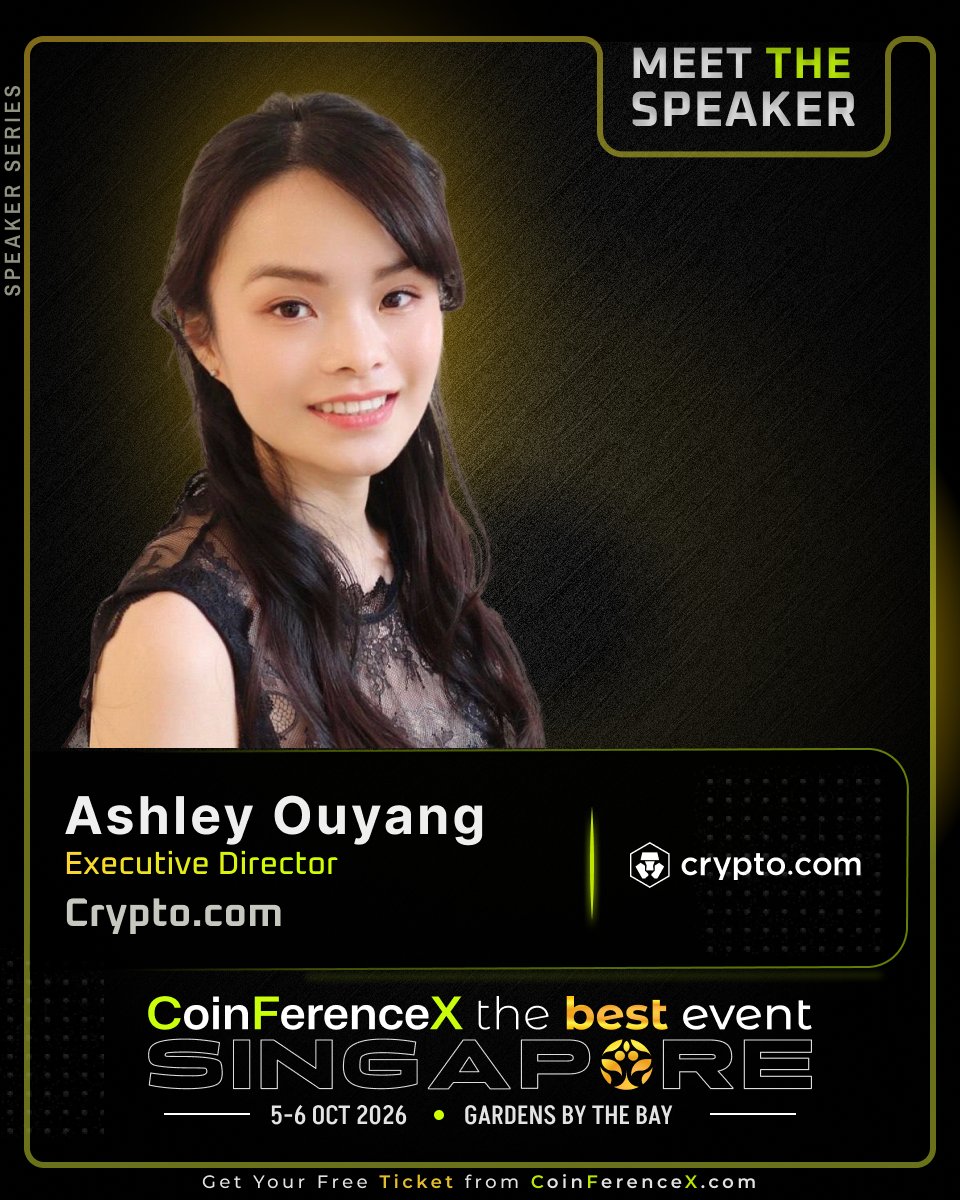 CoinFerenceX's tweet photo. Meet @Aisashley, Executive Director at @cryptocom, onstage at CoinFerenceX The Best Event Singapore.

With over seven years of experience in Web3, Ashley specializes in infrastructure investments and market fundamentals. She combines her expertise in derivatives with a strong background in executing complex deals, from due diligence to closing, across the energy, transportation, and utility sectors.

📍 5–6 Oct 2026
📍 Gardens by the Bay, Singapore

Stay tuned more big names dropping soon.

📅 RSVP on Luma: https://t.co/boaCunD47b
🤝 Sponsor or partner: https://t.co/Jeu6IXF8u0

#CoinFerenceX #TheBestEvent #Cryptocom