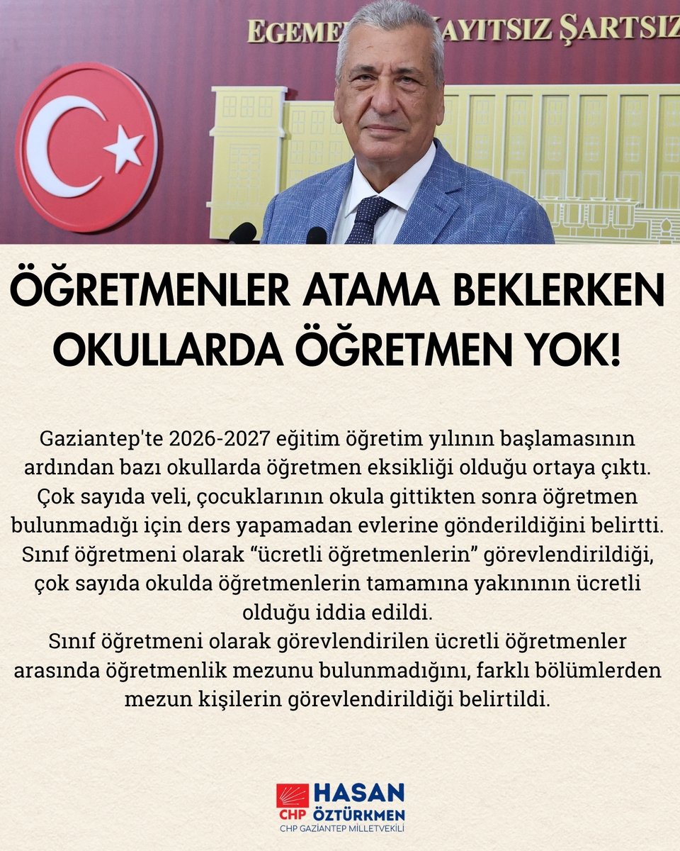 hasanozturkmen's tweet photo. 2026 2027 eğitim öğretim yılı Gaziantep’te ve tüm Türkiye'de yine sorunlarla başladı. 
Çok sayıda ilkokulda öğretmen olmadığı için dersler başlamadı bile.
Yüz binlerce mezun öğretmenlerimiz atama beklerken, Milli Eğitim Bakanı, "ücretli öğretmen" arıyor.
Bu konuyu soru önergesi ile Meclis gündemine taşıdım.
Yusuf Tekin cevap ver!
#YusufTekinİstifa