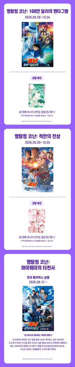 cloudy_dune's tweet photo. 🎬 메가박스 홍대 아니메 : 일애니 재개봉 기획전 📽️🎞️
➰ 9월 상영작 — <명탐정 코난> 극장판 상영 재확정 🆙

📌 상영작 라인업
<명탐정 코난: 할로윈의 신부>
<명탐정 코난: 흑철의 어영>
<명탐정 코난: 100만 달러의 펜타그램>
<명탐정 코난: 척안의 잔상>

☑️ 관람 특전 : 영화별 원화 포스터 (A3)
— 상영 종료 후 매표소 선착순 증정 (1인 최대 2매 제한)

🗓️ 상영 일정 : 9/28(월)~10/4(일)
📍 상영 지점 : 메가박스 홍대