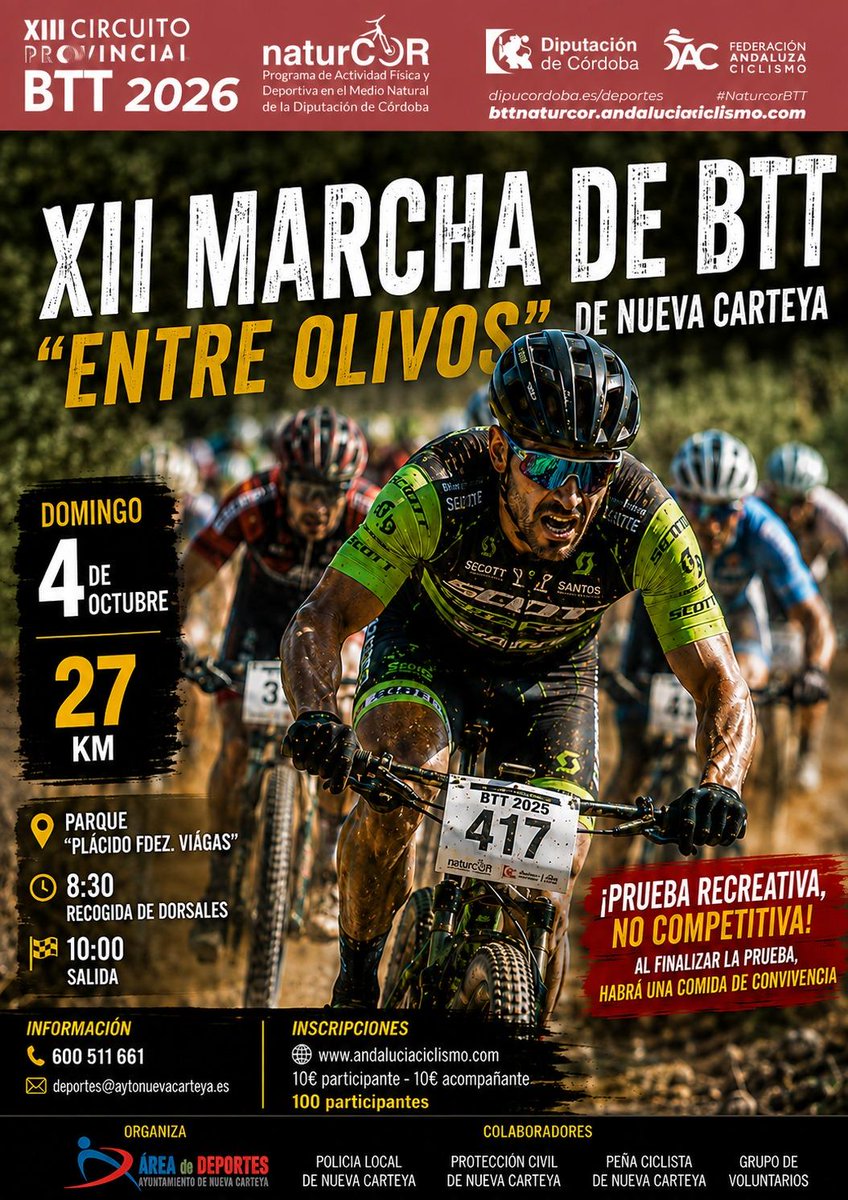 FACiclismo's tweet photo. 📰😎🚵‍♀️🚵‍♂️El #naturcorbtt regresará el próximo domingo 4 de octubre en Nueva Carteya.

✅La 'Marcha Entre Olivos', con 27km para disfrutar sin prisas y en plena naturaleza, ofrece un plan divertido y ameno para ciclistas de todos los niveles. ¡No faltes, aun hay plazas disponibles!

▶️https://t.co/gNkBEpgBwD