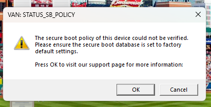 zevofps's tweet photo. This happens every time I try to open Valorant. Secure boot is ON and everything looks good on my end. 
@VALORANT #valorant #valorantsupport https://t.co/aTc7zQMguu