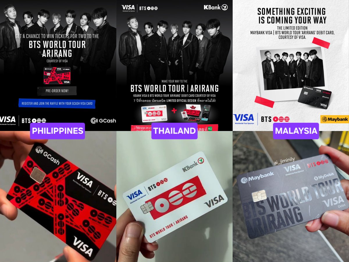 ai_jiminily's tweet photo. ALL THE VISA ARIRANG THEMED CARD DESIGNS FROM 3 COUNTRIES 💳✨️ https://t.co/4iLi7MZ6MC