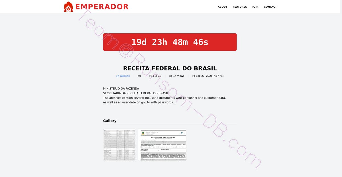 Ransom_DB's tweet photo. 🚨 Ransom group "Emperador" publishes "RECEITA FEDERAL DO BRASIL" - Brazil 🇧🇷

📍 Location: Brasília, Federal District, Brazil
🏢 Industry: Federal Government (Tax & Customs Authority)
🔗 Website: gov[.]br/receitafederal

Receita Federal do Brasil is the nation’s federal tax and customs authority under the Ministry of Finance. It administers federal taxes and social contributions, oversees customs, and combats tax evasion, smuggling, piracy, and related illicit activities.