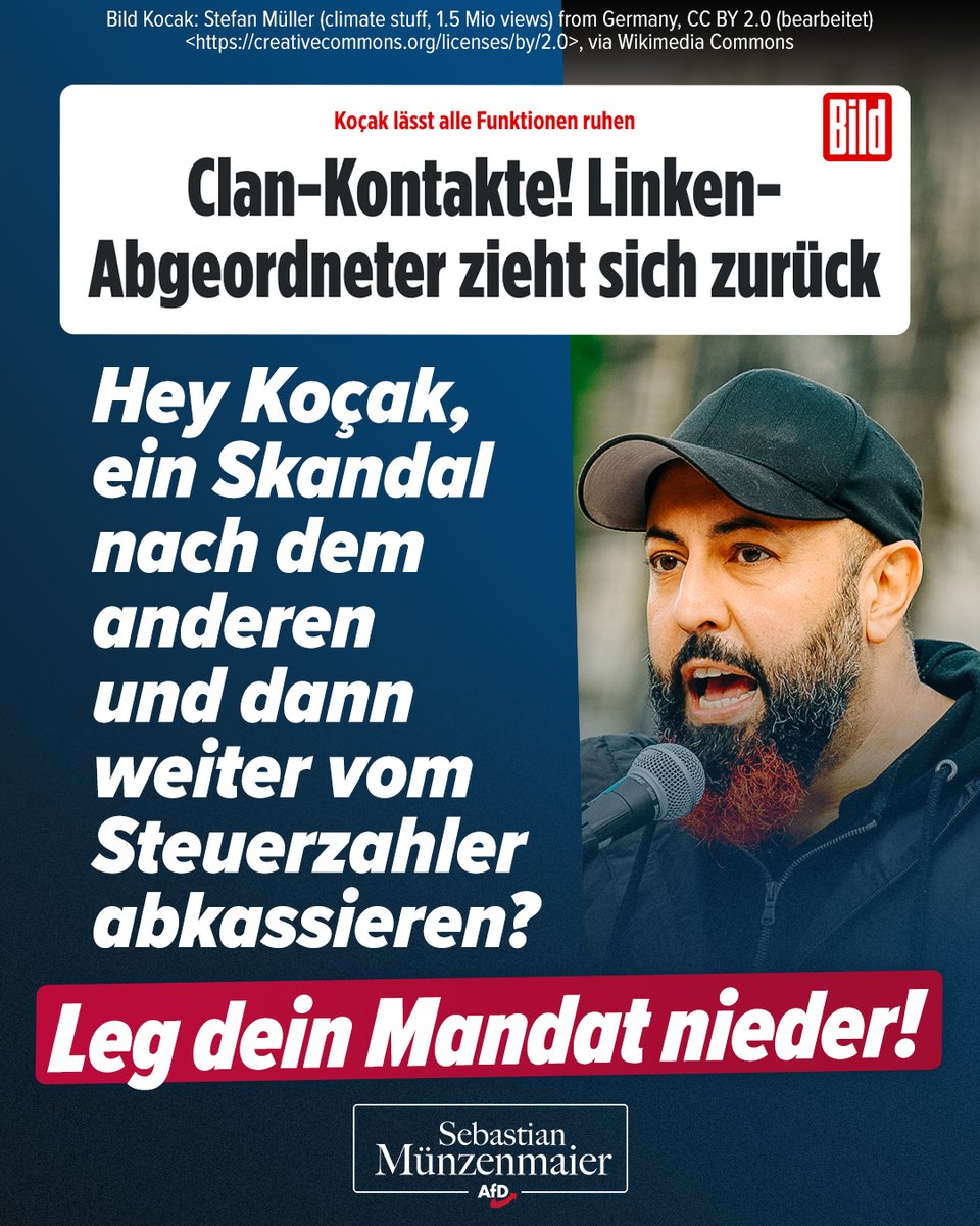 S_Muenzenmaier's tweet photo. "Sich zurückziehen" reicht nicht: Ferat Koçak muss Konsequenzen aus dem Clan-Skandal ziehen und sein Mandat niederlegen, damit er nicht mehr vom deutschen Steuerzahler abkassieren kann.

TM https://t.co/vO7DPMb6jd