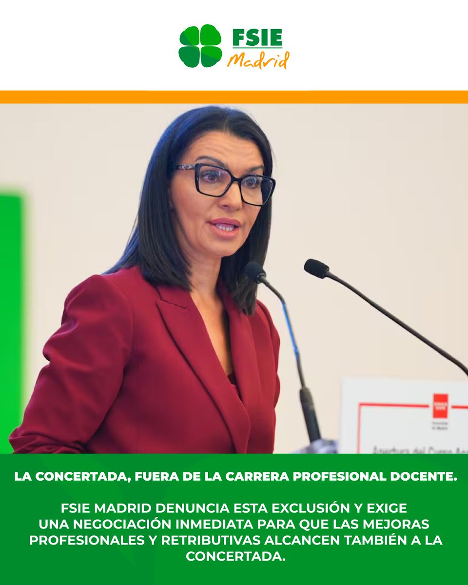 fsiemadrid's tweet photo. 🚨 La Carrera Profesional Horizontal Docente se negocia para la red pública. FSIE Madrid reclama a @IdiazAyuso , @MMZarzalejo  y @jorgedlpalcala  que la concertada no quede fuera.

Mismo trabajo. Mismo reconocimiento.

#FSIEMadrid #EnseñanzaConcertada #EquiparaciónSalarial https://t.co/gDGHjTFtka
