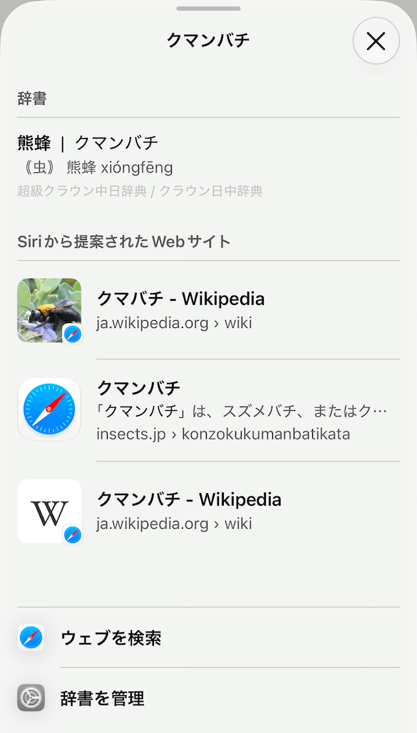 3K1's tweet photo. クマンバチ：iOSに内蔵の辞書機能で「調べる」と、「超級クラウン中日辞典／クラウン日中辞典」（日本語-簡体中国語）で「熊蜂｜クマンバチ」が表示された。
「クマンバチ」、日本語の辞書（スーパー大辞林）には載ってないけど、クラウンの辞典には載ってるのか… https://t.co/dIkneKcq4o