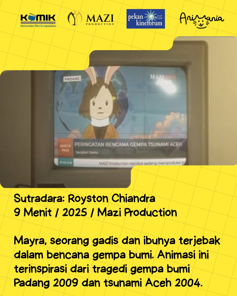 animaniaid's tweet photo. @komik_ksiana Terinspirasi dari tragedi gempa bumi Padang 2009 dan tsunami Aceh 2004, saksikan kisah selengkapnya di '7,6 SR' karya Royston Chiandra  di Road to Animania di Pekan Kineforum.

#RoadToAnimania #76SR #FestivalAnimasi #Animasi https://t.co/AwMOSi6pcm