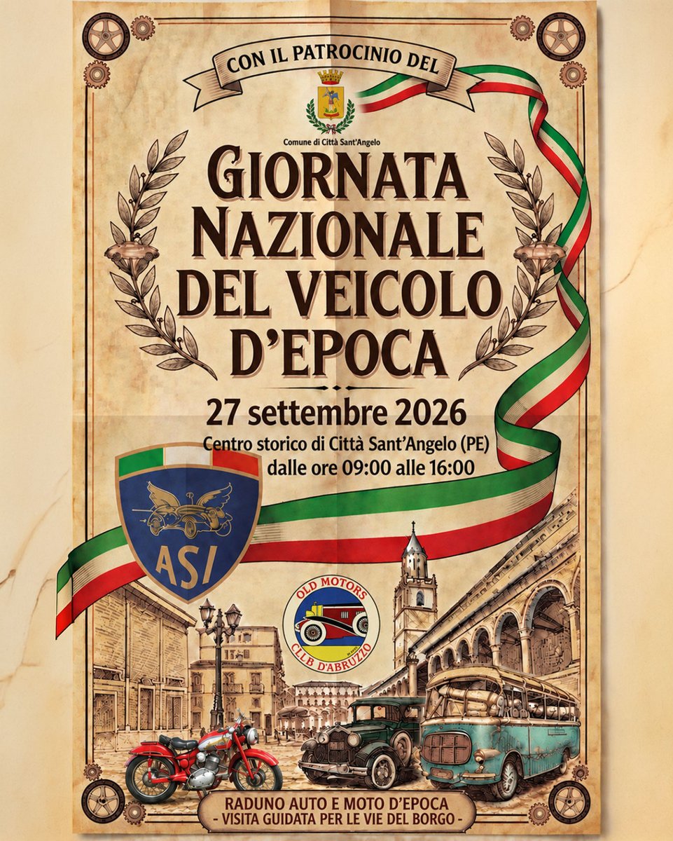 VisitCSA's tweet photo. 🚘 GIORNATA NAZIONALE DEL VEICOLO D'EPOCA
#Raduno auto e moto d'epoca

Domenica 27 settembre 2026
Centro storico di #CittàSantAngelo (PE)
dalle ore 9:00 alle 16:00

Con visita guidata per le vie del borgo https://t.co/3P7g1XN1Ra