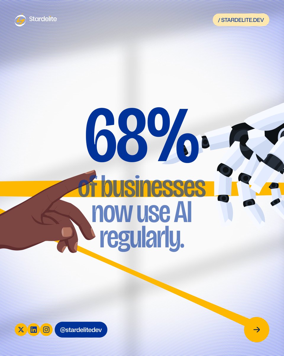 stardelitedev's tweet photo. 68% of businesses now use AI regularly.
The question isn't whether AI works.
It's why you haven't started.
The 68% didn't figure it out alone. They had the right partner.

We integrate AI into products and workflows that actually deliver.
https://t.co/CrWvJRSfvV https://t.co/5Es3pV9UPC