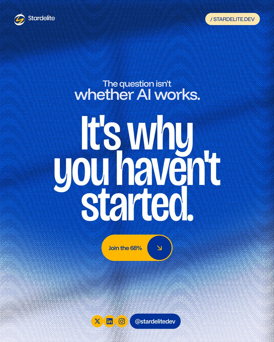 stardelitedev's tweet photo. 68% of businesses now use AI regularly.
The question isn't whether AI works.
It's why you haven't started.
The 68% didn't figure it out alone. They had the right partner.

We integrate AI into products and workflows that actually deliver.
https://t.co/CrWvJRSfvV https://t.co/5Es3pV9UPC