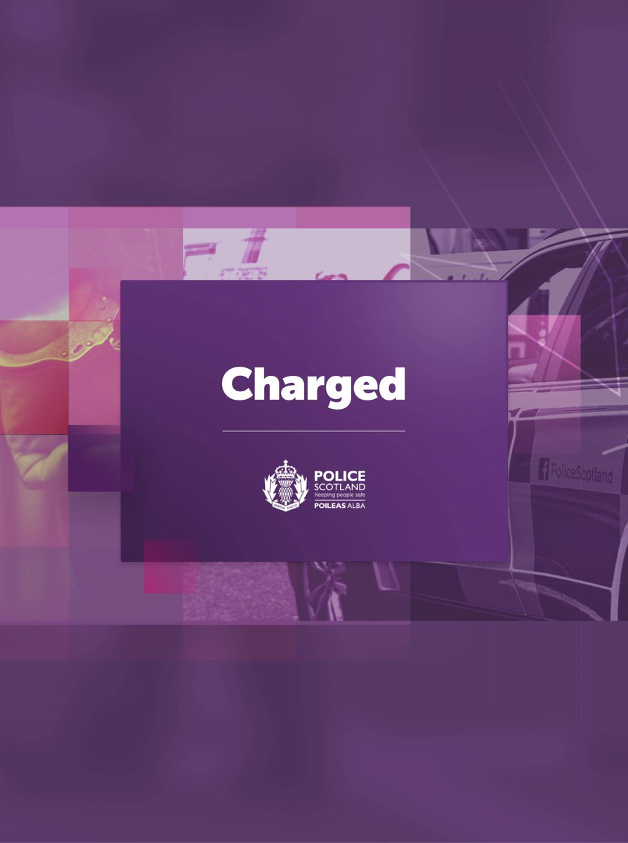 Purple Police Scotland graphic displaying the words ‘Charged’, with abstract layered shapes in the background and the Police Scotland logo.