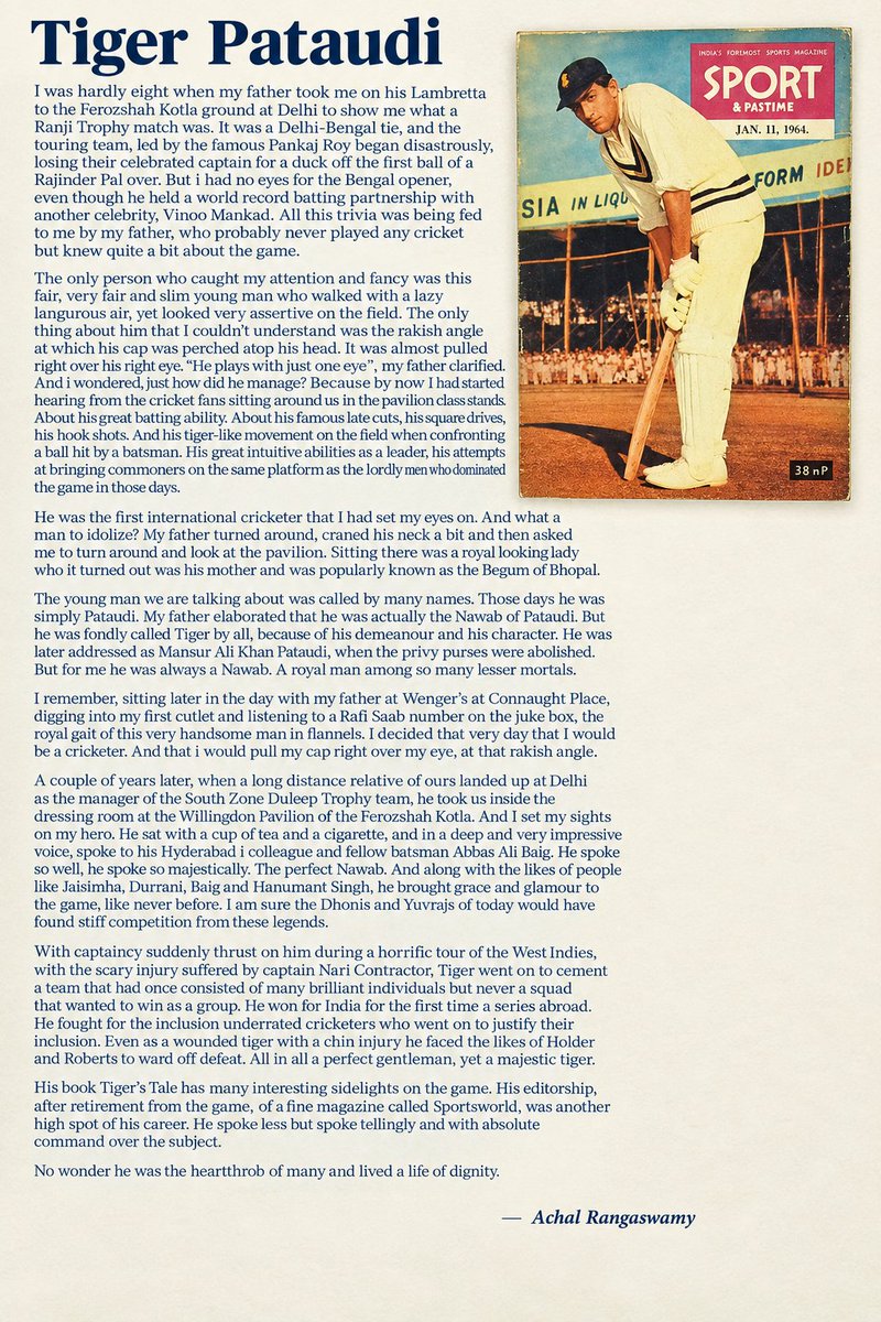 RSingh6969a's tweet photo. Lovely piece on Tiger Pataudi by my dear friend @rangaisms4U https://t.co/6wVVNhmts7
