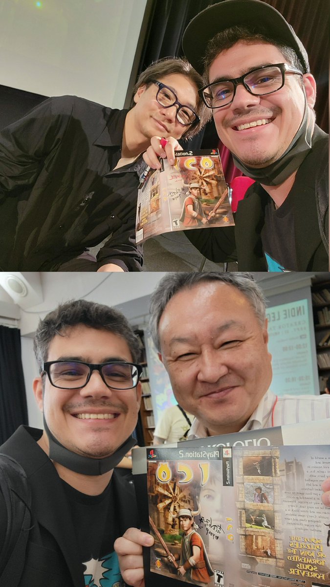 TehMikeDev's tweet photo. Fumito Ueda × Shuhei Yoshida signed my copy of ICO, and Ueda-san also graciously signed the steelbook case for The Last Guardian.

After the signing, I did my usual quick ask for a photo with Ueda-san and got incredibly lucky, because right afterward the organizers announced that photos weren’t allowed (I thought the rule only applied for during the panel session). So I may have been the only person in the room who actually got a picture with him. 😭

Ueda was inspired by Éric Chahi (@EricChahi), which made seeing them share a panel together especially cool. Éric signed our SNES copy of Out of This World and gave me a sticker for each of my brothers-Steven, John, and James yours are coming your way! Thank you Éric!

What a truly epic Japan trip this has been! 👏

#ICO #TheLastGuardian #AnotherWorld #genDESIGN #Playstation #thetenthmosaic