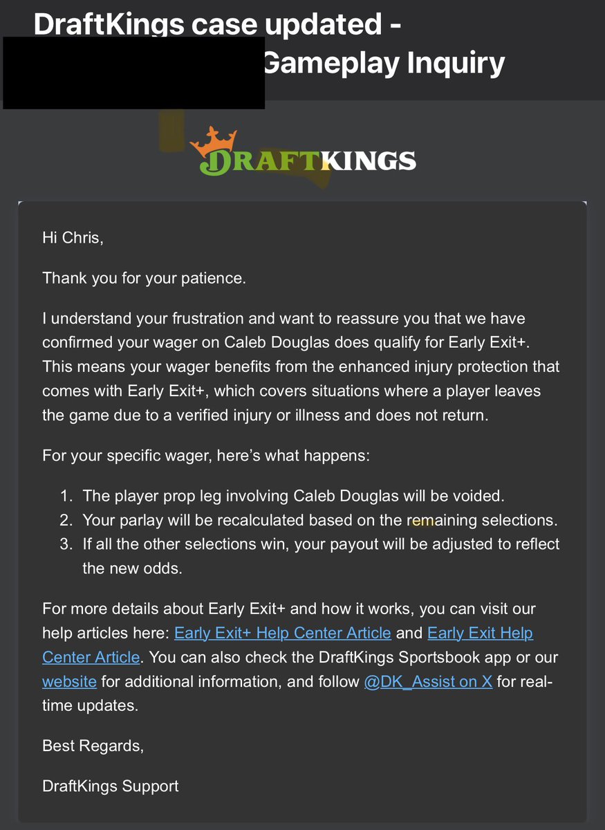 Ch_Evans_'s tweet photo. @DK_Assist &amp; @DKSports make good on what you said. Caleb Douglas left the game due to injury and didn’t play another snap. You know what you said. Honor what was said. https://t.co/SHeOcmZx0B