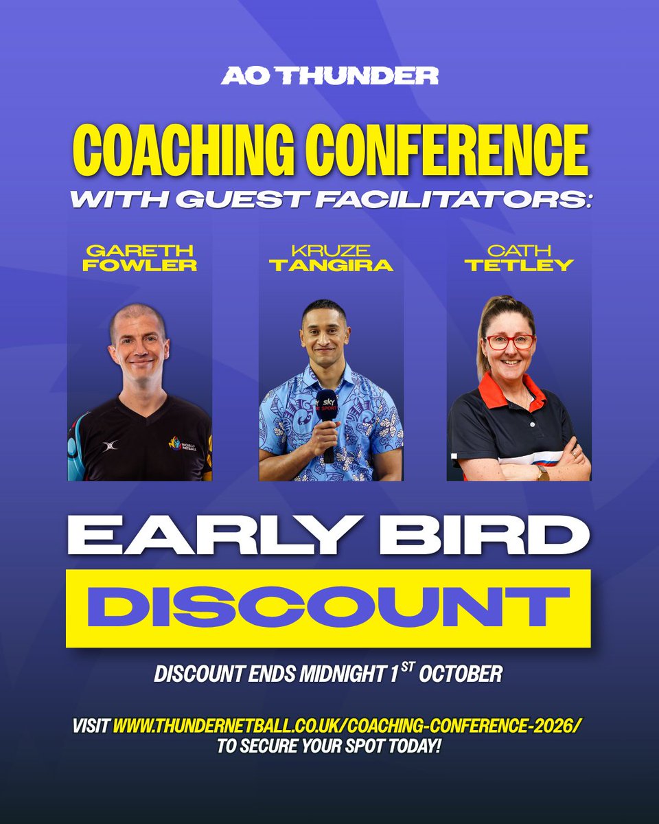 thundernetball's tweet photo. Our 2026 Coaching Conference is getting closer… and there’s still time to grab your ticket at the early bird price! 🙌

📅 Saturday 7th November 2026
🕙 10am – 5pm
📍 Belle Vue Sports Village, Manchester

Discount ends midnight 1st October… don’t miss out!

🔗 https://t.co/Ep0ajH3Tkx