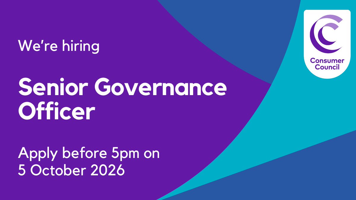 ConsumerCouncil's tweet photo. 📢We are recruiting for a Senior Governance Officer to join our Corporate Services Team.

We’re looking for an organised and analytical professional with strong governance and stakeholder management experience.

🗓️Closing date for job applications has been extended until 5 October at 5pm.

To apply visit https://t.co/3WlcxzCZ3f