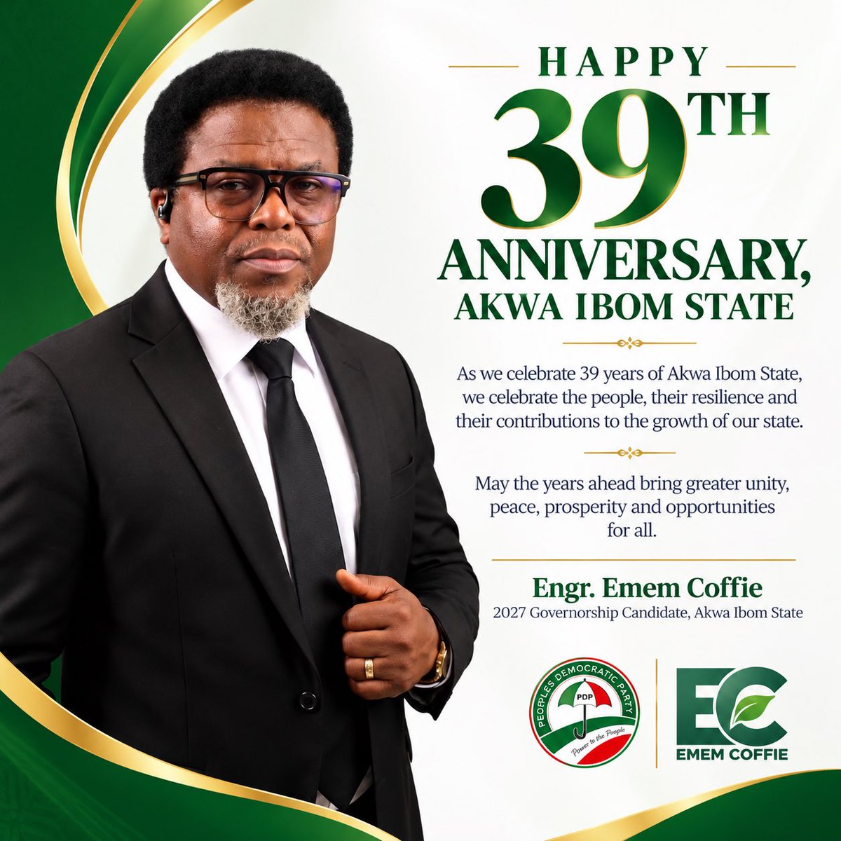 EngrEmemCoffie's tweet photo. Happy 39th Anniversary, Akwa Ibom State! 🌟
Today, we honor our people, our culture, and our incredible journey. 
As we celebrate our achievements, let’s also secure our future. 
Engr. Emem Coffie stands for greater unity, peace, and opportunities for every Akwa Ibomite. https://t.co/EvyEWalM2V