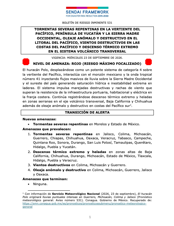 siempreinexorab's tweet photo. Boletín de Riesgo Inminente 531 para México
Nivel de Amenaza: Rojo (riesgo máximo focalizado)
Vigencia: miércoles 23 de septiembre de 2026
Sendai Framework #EW4All - Impact Based Forecast #IBF
@PC_Morelos @pciviledomex @PCJalisco @PC_Colima @pcmichoacan @PC_Guerrero (hilo) https://t.co/IK8ullEQQZ