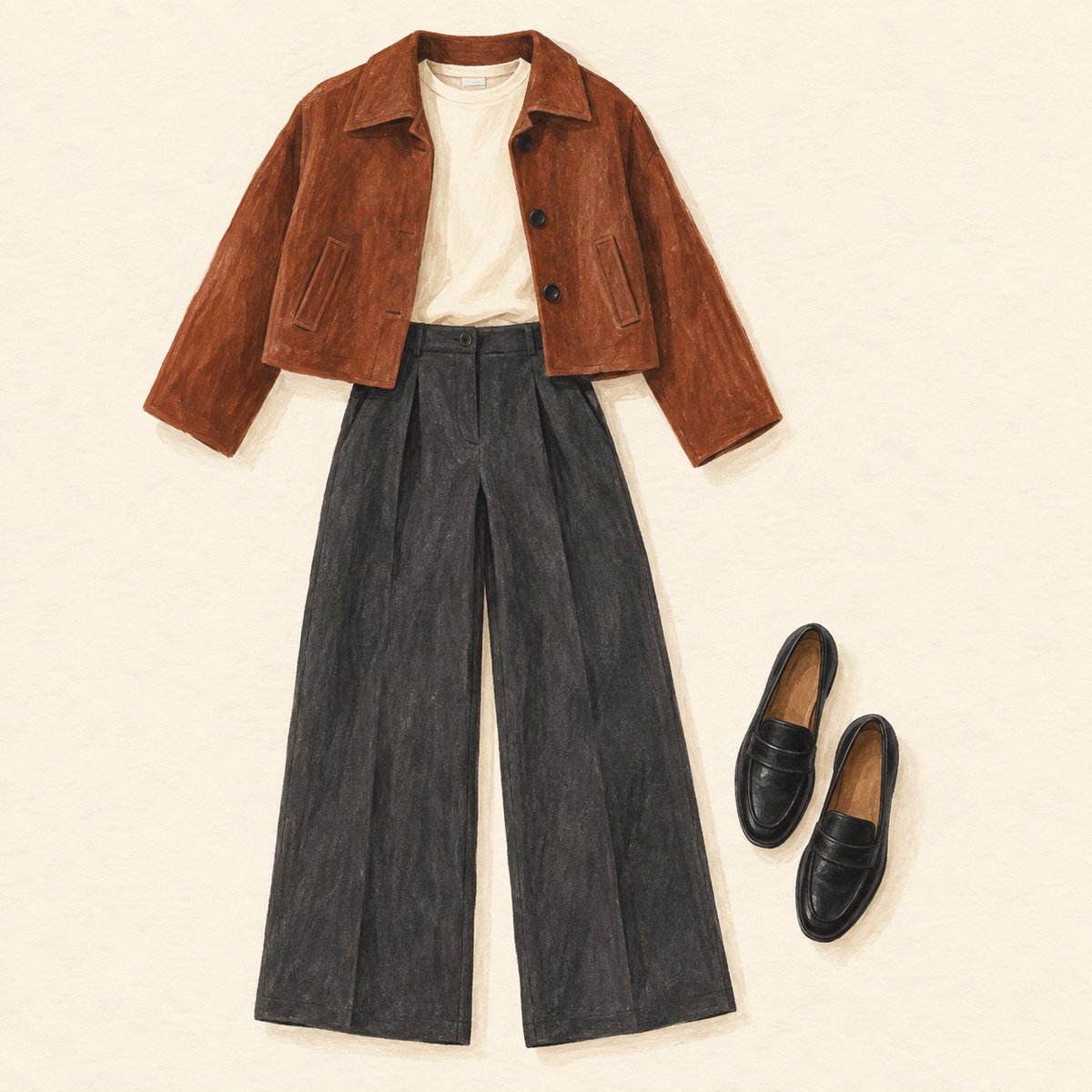 logicLuminary's tweet photo. I like a short jacket with wide trousers. It leaves the shape of the trousers in view instead of covering it with another long layer.

AI illustration, not an app result. https://t.co/pWngWBHFo0