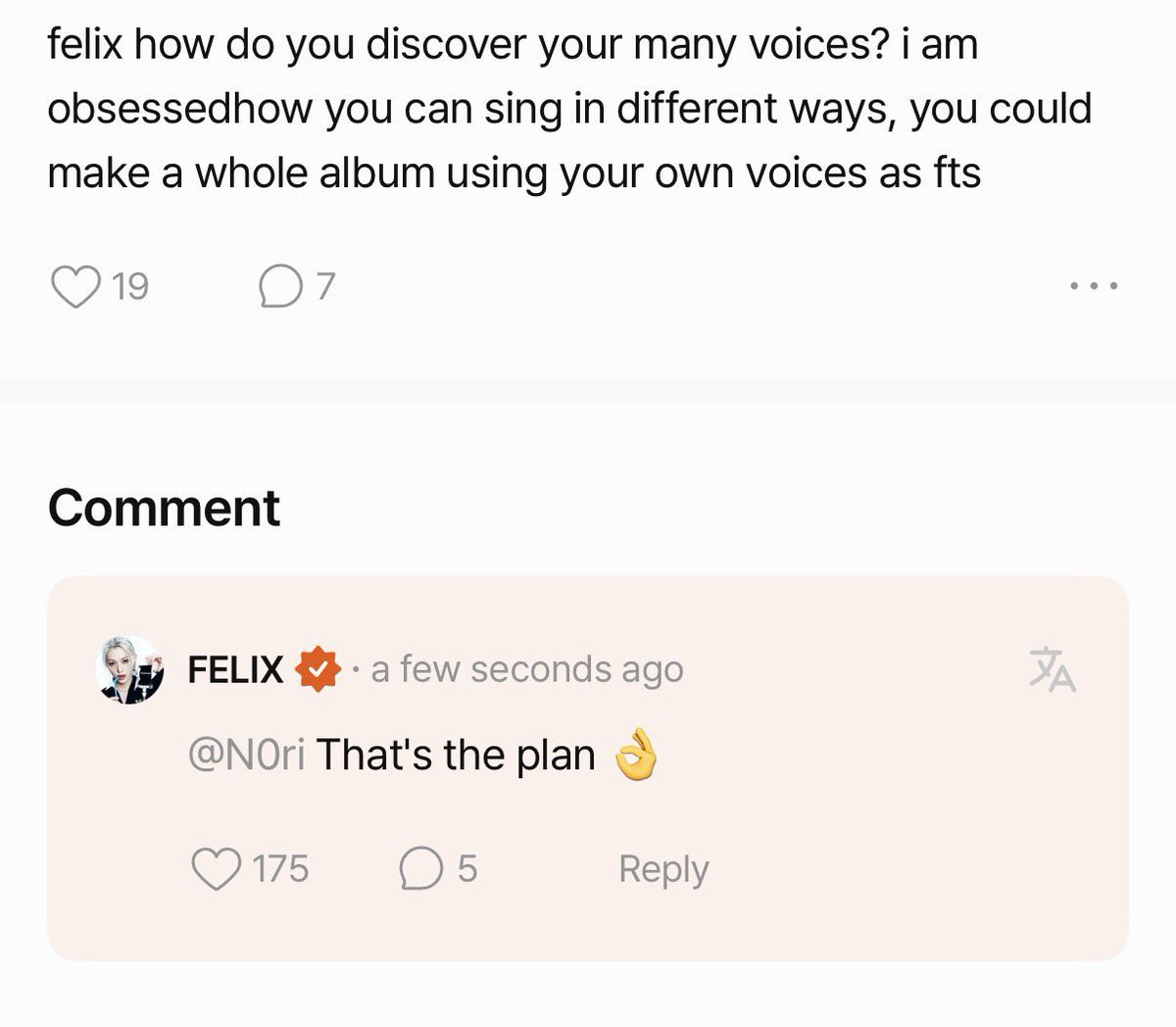 skzbolha's tweet photo. 💌 🐥 FANS

💬: Felix, como você descobriu suas diversas vozes? Estou obcecado em como você pode cantar de tantas formas diferentes, você pode fazer um álbum inteiro usando sua própria voz como participação 

🐥: Esse é o plano 👌 https://t.co/cq1TONLxlq