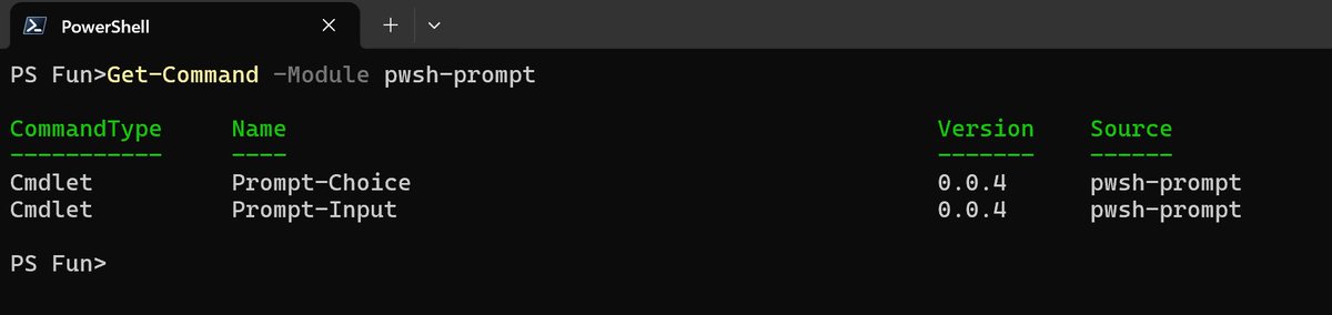 AndySvints's tweet photo. Weekly PowerShell Module Spotlight #38: pwsh-prompt

• Input validation
• Choice dialogs & Multi-select lists
• Rich keyboard navigation 

Build better CLIs without reinventing the interaction layer every time. 

https://t.co/47M2if9rXU 

Maintained by David Freer (https://t.co/w3jgWFkoGj)