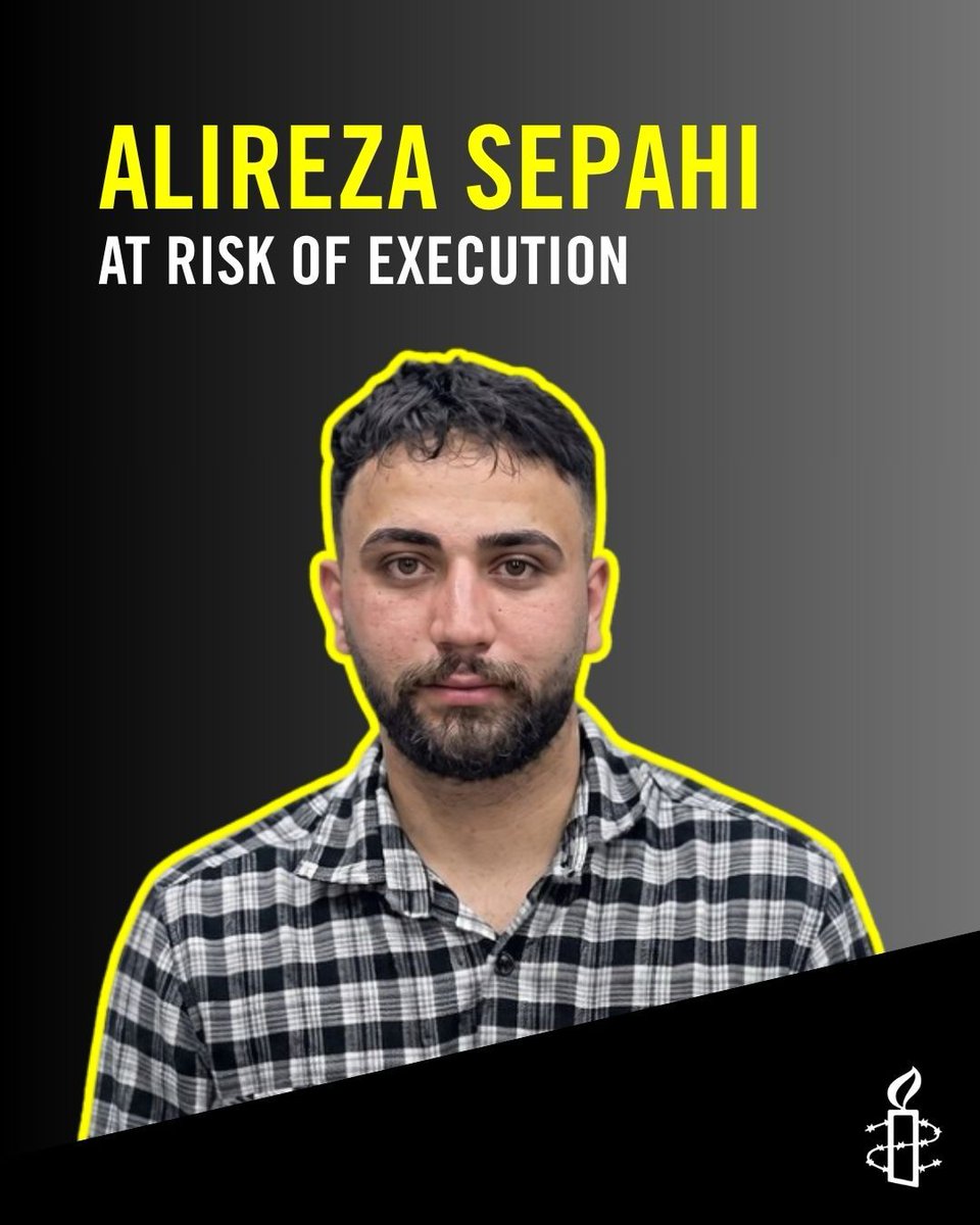 AmnestyIran's tweet photo. Iranian authorities must immediately halt any plans to execute 25-year-old Alireza Sepahi in Esfahan. He was sentenced to death in connection to January 2026 protests following an unfair trial. The Supreme Court upheld his sentence in July 2026. 1/5 https://t.co/pp6beq67Nn