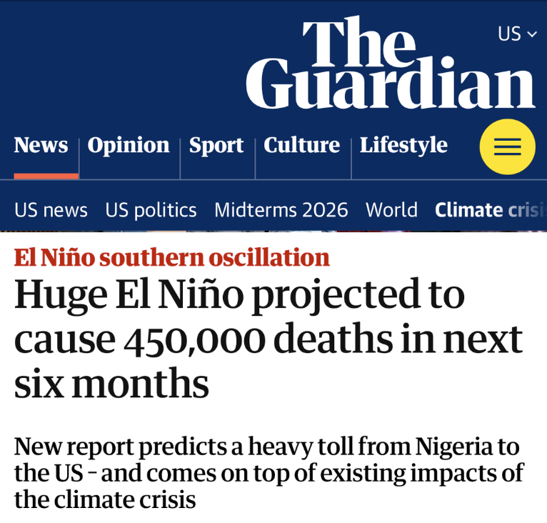 ClimateDefiance's tweet photo. Over the next six months, 451,000 people are expected to die from El Niño heat, on top of the deaths the climate crisis is already causing. The worst of this catastrophe will be felt in Nigeria, India, Indonesia, Brazil, and Sudan, countries that did the least to cause this and were looted for centuries by the ones that did. The U.S. is in the top 20, with 3,500 deaths of our own.