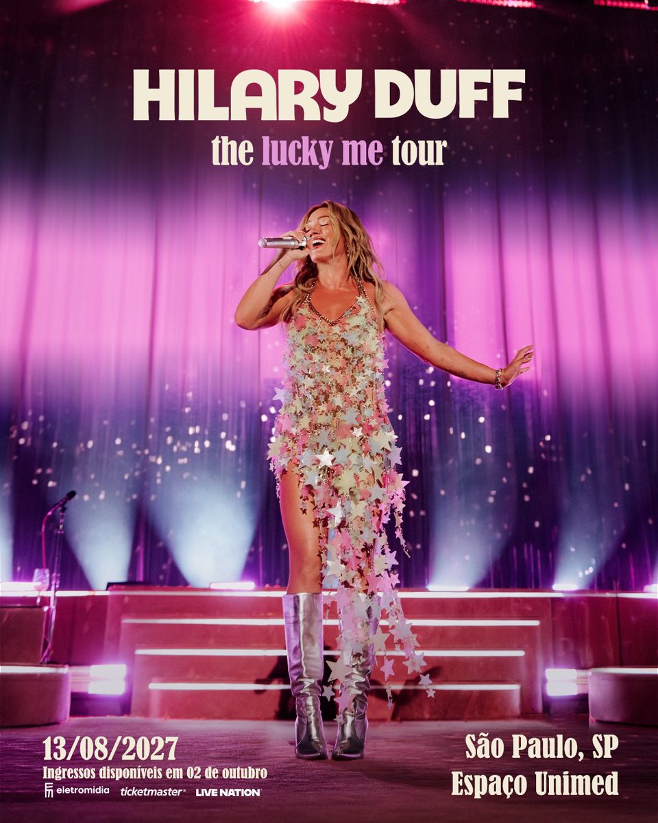 tracklist's tweet photo. 🚨 HILARY DUFF NO BRASIL! 🇧🇷

A cantora irá se apresentar com a "the lucky me tour" no Espaço Unimed, em São Paulo, no dia 13 de agosto. https://t.co/9hvFIwZBpL
