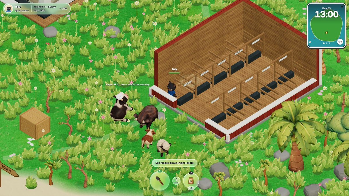 tolychat's tweet photo. GM with another huge update 🚨 🏝️ 

👥 Islandbound is not single-player any more — invite a friend and watch them fish, farm and build beside you.

🏝️ Islandbound — Updates 2026-09-22 (v0.36–v0.42)

🏝️ Switch island from the pause menu or Settings → Island — no sign-out, no new wallet signature.
🌴 A note under your name tells you when the island server is out of reach, and when it is back.
👥 Friends now see the tool in your hand — axe, hammer, shovel, machete — not just the swing.
🤝 Joining a friend or uploading your island? You pick your name and character first.
📱 Settings → Island: “Copy invite text” gives you a ready message with link, code and what to bring.
🔑 Your chosen character shows up right away, without a reload.
⚡ The second start is instant: the island pack now lives in your browser, no more waiting for models and textures.
🚀 Updates arrive as a small download in the background — a note under your name says when to reload.
⚡ The game starts even without internet (your island itself still needs the server).
🚀 Islandbound can be installed as an app from the browser menu — own window, own icon.
🏝️ The island level now counts what everyone clears together — a helper who joins stands on the island’s level.
🔨 Selling, rebuilding smaller, cancelling a build and processing animals stay with the owner; helpers build.
⚙️ The guide now says what travels with you (gold, bag, tools) and what belongs to the island (fields, animals).
👥 You stay together: walking into a house, a shop or the city no longer makes the others vanish.
👤 A new character now shows up for everyone — and "X is here." only says it when someone really arrives.
🌴 A quick trip to the city and back no longer rolls the island back to an older state.
🐛 Bug reports take your own images: paste, drop or add up to three.
🤝 Watch a friend fish: you see the rod, the line out on the water and the bend when something is on.
🤚 You also see what else their hands are doing — a chicken in the arms, the hose and its spray, the stove.
🐾 An animal in someone’s hand now stays there for everyone, instead of wandering off on your screen.
🧤 The hand that lifts your animals is painted now — much smaller, and it really holds them by the scruff.
🛋️ Sit down in your pod: three seats on the sofa, two at the dining table — and friends see you sitting.
🐄 Milk is collected at the barn panel now, like the eggs at the coop — the cows just want a pet.
🌱 Watering follows your pointer smoothly instead of snapping from tile to tile.
🧱 Paths under a barn or coop floor stay hidden inside; outside they still run right up to the wall.
🍳 The kitchen in your pod is a worktop again, not a wall — it ends below your shoulders.
🌙 Sleep in your pod and you wake up right there, instead of outside the front door.
👥 A friend with a rod now holds it properly: the grip sits in their hand and the tip points out over the water.

#Solana #CozyGames #IndieGame