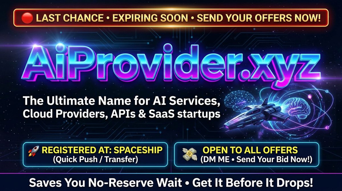 NameVaultHQ's tweet photo. 🚨 LAST CHANCE BEFORE DROP 🚨

https://t.co/YzB4j62kqt is set to expire soon and will not be renewed! Open to all reasonable offers before it hits the drop list.

🧠 Perfect for: AI Services, Cloud Providers, API Gateways, & SaaS Platforms.
🚀 Registered at: @Spaceship (Free & instant push/transfer available).

📩 DM me your best offer right now!

#DomainNames #DomainInvesting #AI #SaaS #DomainsForSale #Spaceship #Startup #DomainFlipping #Domainking
