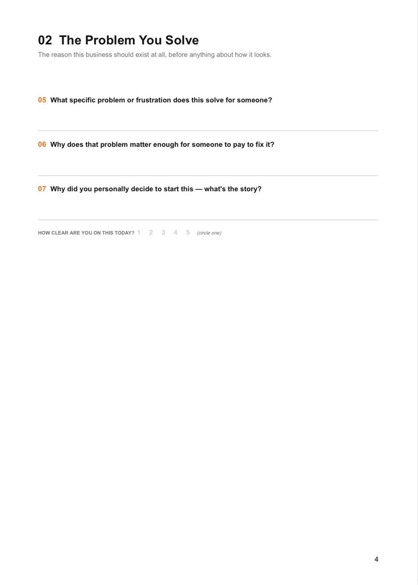 officialfoldes's tweet photo. An AI compliance startup reached out last week with real design questions already lined up. "What sections should the homepage even have? How should the branding feel more modern, more premium, more approachable? Should it feel more corporate or more personal?"

They weren't stalling or dodging the work. They didn't know yet that those questions sit downstream of ones nobody had answered. Who the service is actually for, what success looks like, what a visitor should do first? You can't answer "corporate or personal" for a business that hasn't settled its own shape yet.

Here's the part most people skip: a homepage section, a color, a tone of voice -each is a decision made on behalf of something. On behalf of a specific customer, a specific problem, a specific outcome the business needs the site to produce. Pick the section before you know who it's talking to, and you're not designing, you're guessing with good taste. It might still look fine. It won't necessarily work.

Taking a step back to answer the foundation questions first isn't slower. It's the difference between fifty decisions each made once, with a reason behind them, versus fifty decisions made twice: once by guess, then again for real once the actual answer surfaces mid-project.

So before any of that, I sent over a brand foundation questionnaire. 32 questions across 10 sections, meant to surface exactly what's unclear before design starts, not discovered halfway through it.

The businesses that answer it honestly walk into design already knowing what they're building. Every design question after that has a real answer to build on, instead of a guess.

Free to grab before your next branding or web project. The first 4 pages attached below. If you need the full document, hit me a DM! 🤳