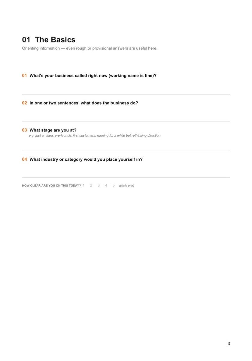 officialfoldes's tweet photo. An AI compliance startup reached out last week with real design questions already lined up. "What sections should the homepage even have? How should the branding feel more modern, more premium, more approachable? Should it feel more corporate or more personal?"

They weren't stalling or dodging the work. They didn't know yet that those questions sit downstream of ones nobody had answered. Who the service is actually for, what success looks like, what a visitor should do first? You can't answer "corporate or personal" for a business that hasn't settled its own shape yet.

Here's the part most people skip: a homepage section, a color, a tone of voice -each is a decision made on behalf of something. On behalf of a specific customer, a specific problem, a specific outcome the business needs the site to produce. Pick the section before you know who it's talking to, and you're not designing, you're guessing with good taste. It might still look fine. It won't necessarily work.

Taking a step back to answer the foundation questions first isn't slower. It's the difference between fifty decisions each made once, with a reason behind them, versus fifty decisions made twice: once by guess, then again for real once the actual answer surfaces mid-project.

So before any of that, I sent over a brand foundation questionnaire. 32 questions across 10 sections, meant to surface exactly what's unclear before design starts, not discovered halfway through it.

The businesses that answer it honestly walk into design already knowing what they're building. Every design question after that has a real answer to build on, instead of a guess.

Free to grab before your next branding or web project. The first 4 pages attached below. If you need the full document, hit me a DM! 🤳