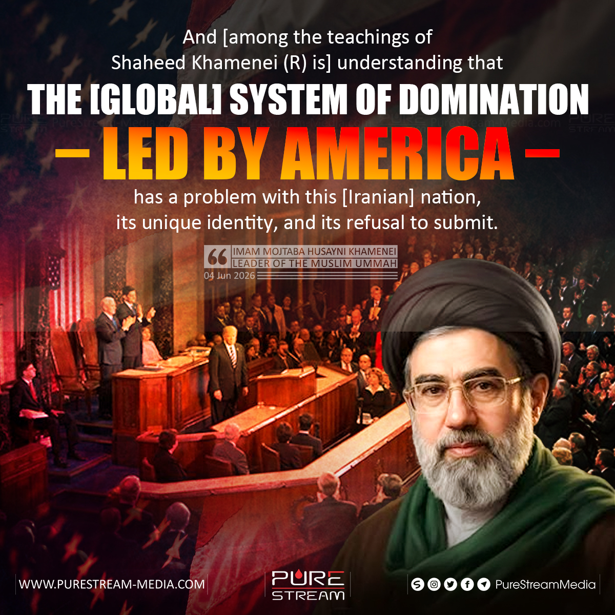 PureStream02's tweet photo. “And [among the teachings of Shaheed Khamenei (R) is] understanding that the [global] system of domination – led by America – has a problem with this [Iranian] nation, its unique identity, and its refusal to submit." 
 
#PureStreamMedia #ImamKhamenei #Khamenei #ImamMojtaba https://t.co/9TDhhVzKoH
