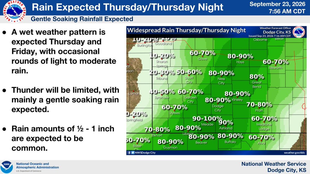 A wet weather pattern is expected Thursday and Friday, with occasional rounds of light to moderate rain. Thunder will be limited, with mainly a gentle soaking rain expected. Rain amounts of ½ - 1 inch are expected to be common. 

