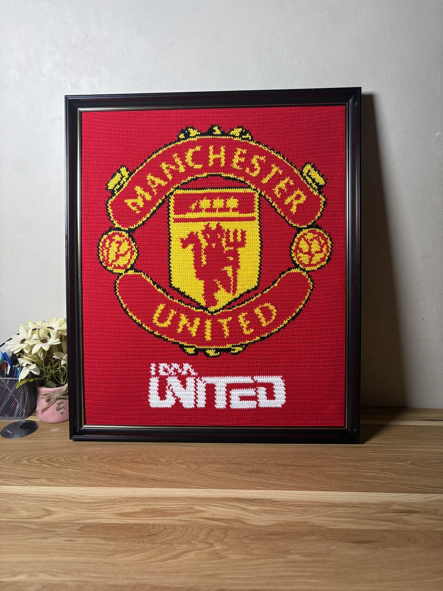 jenny_frimp's tweet photo. It took me 64 hours to crochet this Manchester United logo entirely by hand, and turn it into a 53 × 63 cm framed wall art. 🧶❤️ https://t.co/VChSpAuycT