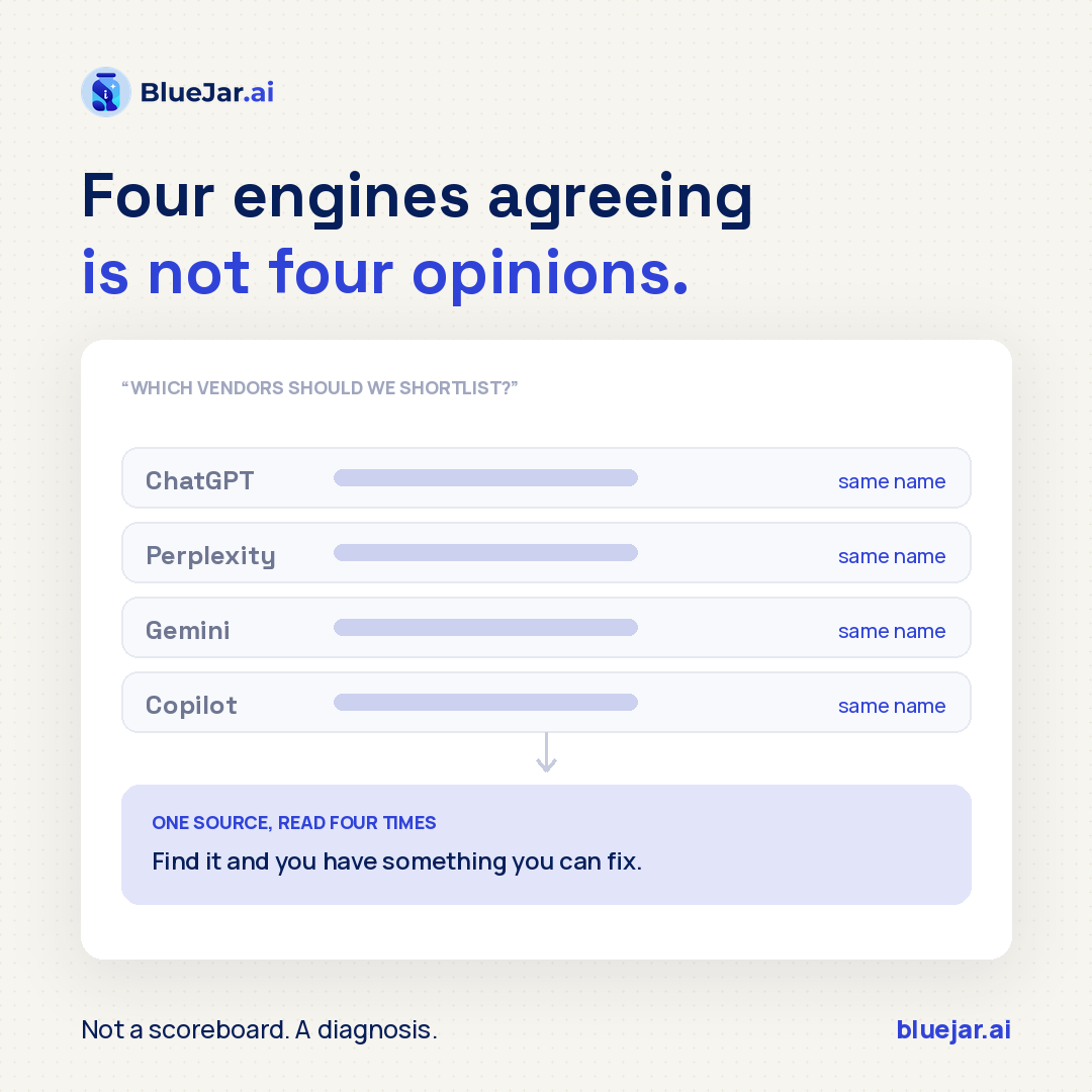 Bluejar_ai's tweet photo. It's rarely that one competitor beats you everywhere.

It's that one competitor owns one specific question — consistently, across every engine.

When the same name appears in ChatGPT, Perplexity and Gemini for the same query, the engines aren't independently forming an opinion. They're reading overlapping sources that agree.

Find those sources and you've found something you can actually fix.

#GEO #CompetitiveIntelligence