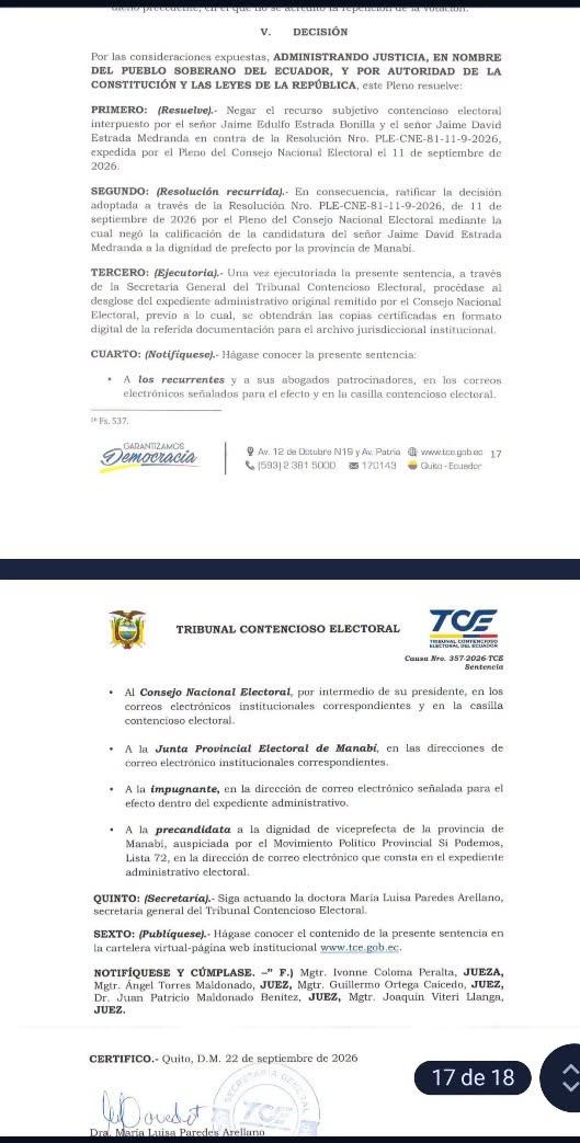ContrapuntoInf's tweet photo. 📄 #Política | El TCE ratificó la negativa a la candidatura de Jaime Estrada a la Prefectura de Manabí, tras rechazar el recurso presentado contra la decisión del CNE. La sentencia fue emitida el 22 de septiembre, dentro de la causa 357-2026-TCE. #Ecuador #Manabí https://t.co/YXoU5bG8zi