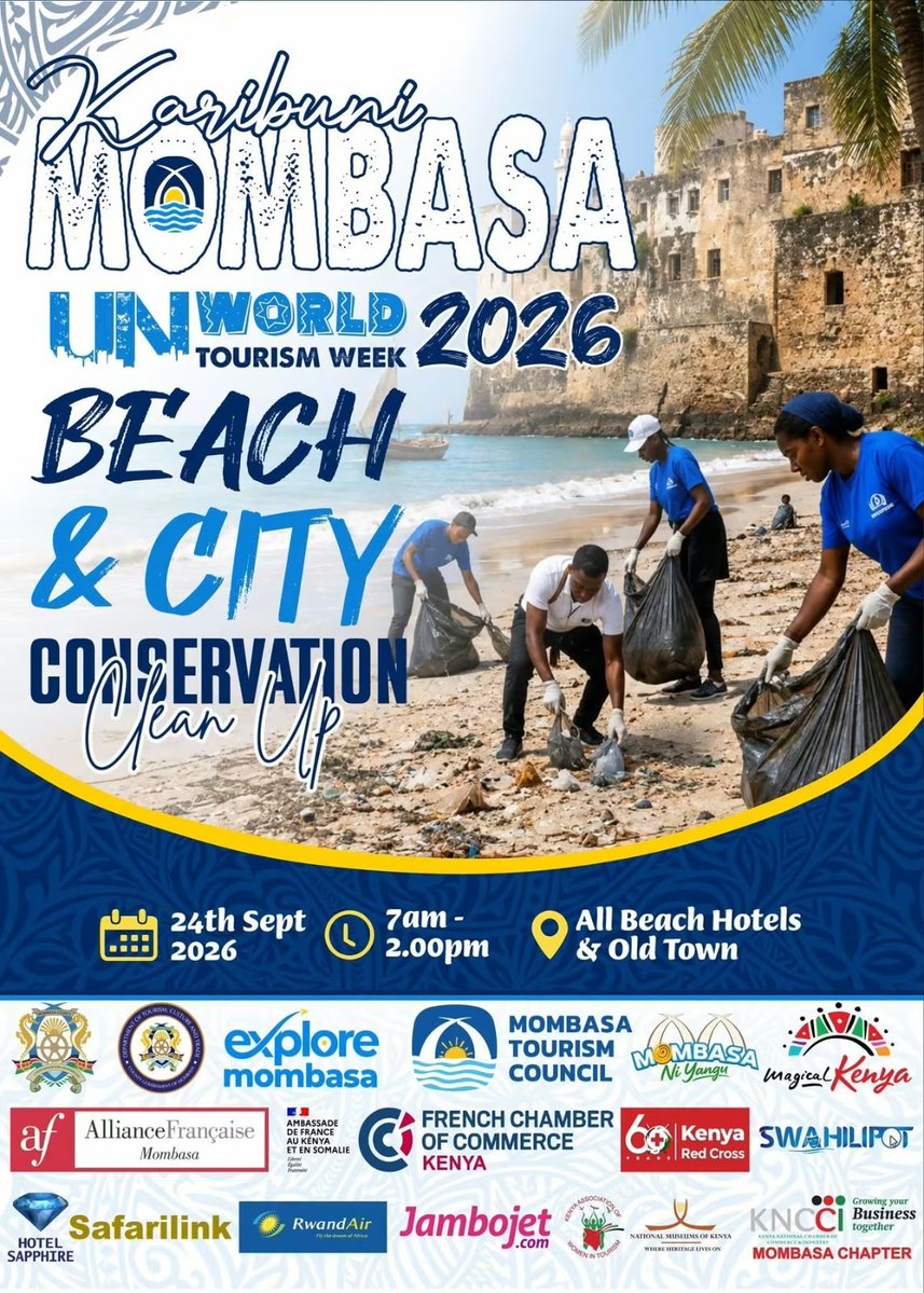 museumsofkenya's tweet photo. Mombasa marks UN World Tourism Week 2026 with a Beach &amp; City Conservation Clean-Up on 24 September, bringing partners together to promote cleaner beaches, heritage sites and a sustainable tourism environment.
📍 All Beach Hotels &amp; Old Town, Mombasa
#UNWTO2026 #WorldTourismWeek https://t.co/7cAP9duSEO