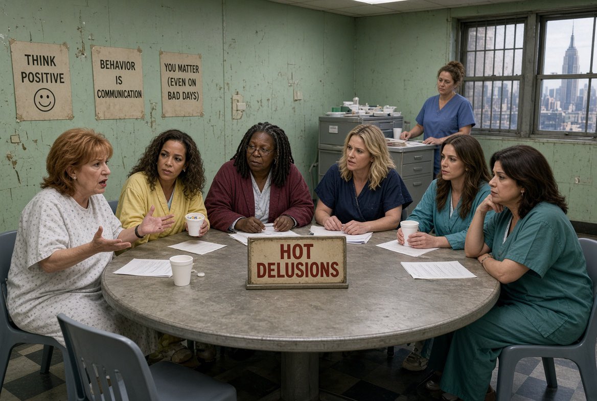 mumuprincess13's tweet photo. Here’s what I think of #TheView panel.

- (Whoopi Goldberg, Joy Behar, Sunny Hostin, Sara Haines, Alyssa Farah Griffin, and Ana Navarro) relocated to group therapy in a mental institution. 

#DanielRakowitz #LindsayClancy https://t.co/YruYm7W6bI