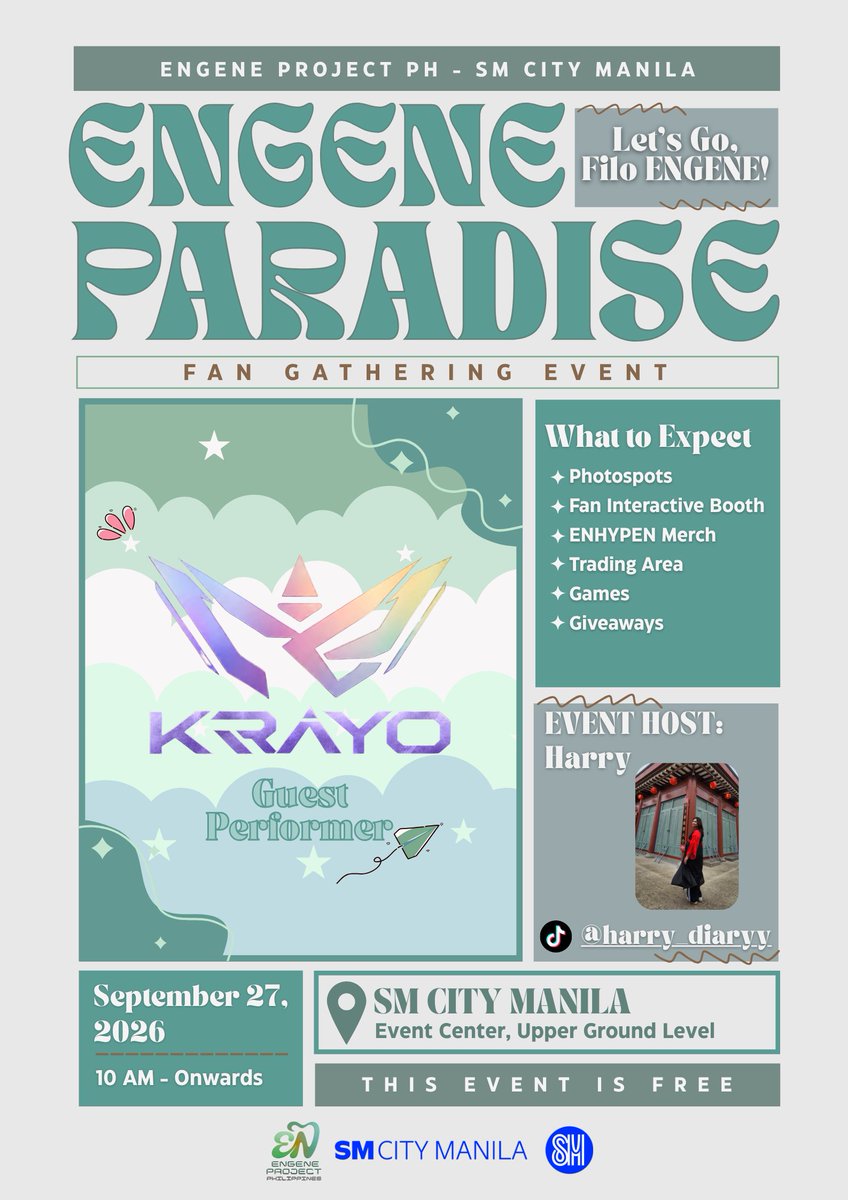 ENGENEPHL's tweet photo. FILO ENGENEs, GET READY FOR PARADISE!
Welcome KRAYO as guest performer.

🌌ENGENE PARADISE🌌
📅Sept 27, 2026
🕙10 AM onwards
📍Event Center, Upper Ground Level, SM City Manila
🔗: https://t.co/kYnjnu33y9

See you in SIN PARADISE, Filo ENGENEs!

#ENHYPEN #ENGENE #BLOODYPARADISE https://t.co/vZkonuUi6S