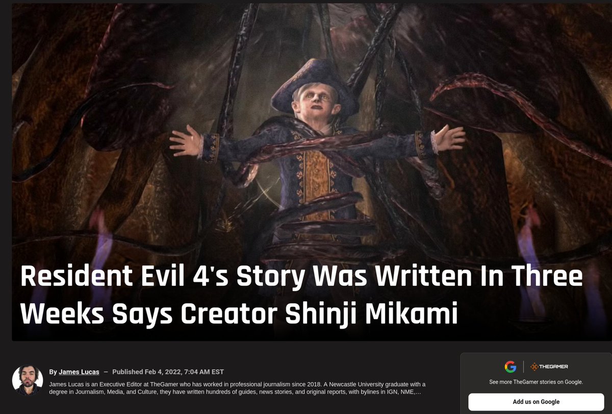 FenrirOdi's tweet photo. @AlexTulip Mikami has said RE4 was written in 3 weeks due to a rushed production cycle. You can tell every drop of care into RE4 went into it's core gameplay, enemy roster, and level design, and they did not GAF about that game's story at any point. https://t.co/QpUhELiT2v