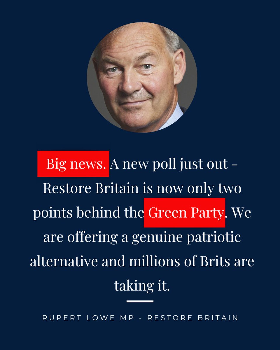 RestoreB9's tweet photo. Big news. 

A new poll just out - Restore Britain is now only two points behind the Green Party.   

We are offering a genuine patriotic alternative and millions of Brits are taking it. #restorebritain #greenparty #politics

@RupertLowe10 https://t.co/Tr9yQcH0Cp