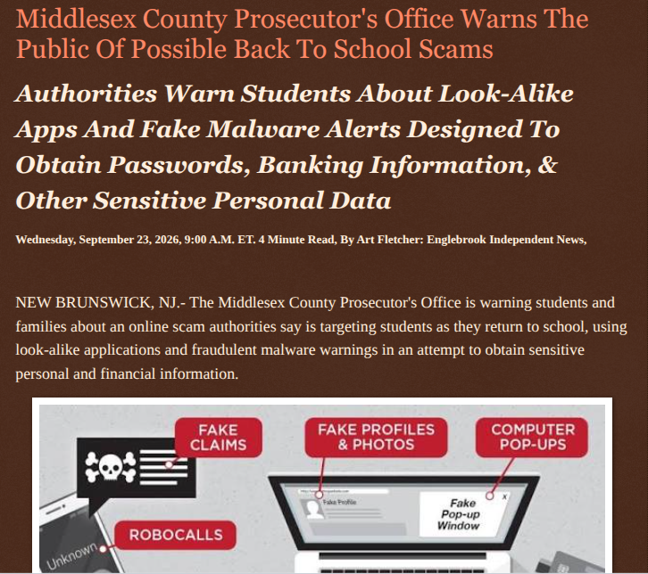 ArtFletcher9's tweet photo. Middlesex County Prosecutor’s Office Warns The Public Of Possible Back To School Scams https://t.co/PJaguxVnnf via @Englebrooknews #NewJersey #MiddlesexCountyNJ #Crime #Warning #BacktoSchool #Phone #Computer #scams @HRG_Media @LodiNJNews @fordmb1 @SarahGeving1 @Shannon96574094 @DanCook26214426 @Daytobehappy @janninereid1 @gator4kb18 @TrumpWasRite2 @KathyKbrose @RobGerundo @JimBobW49